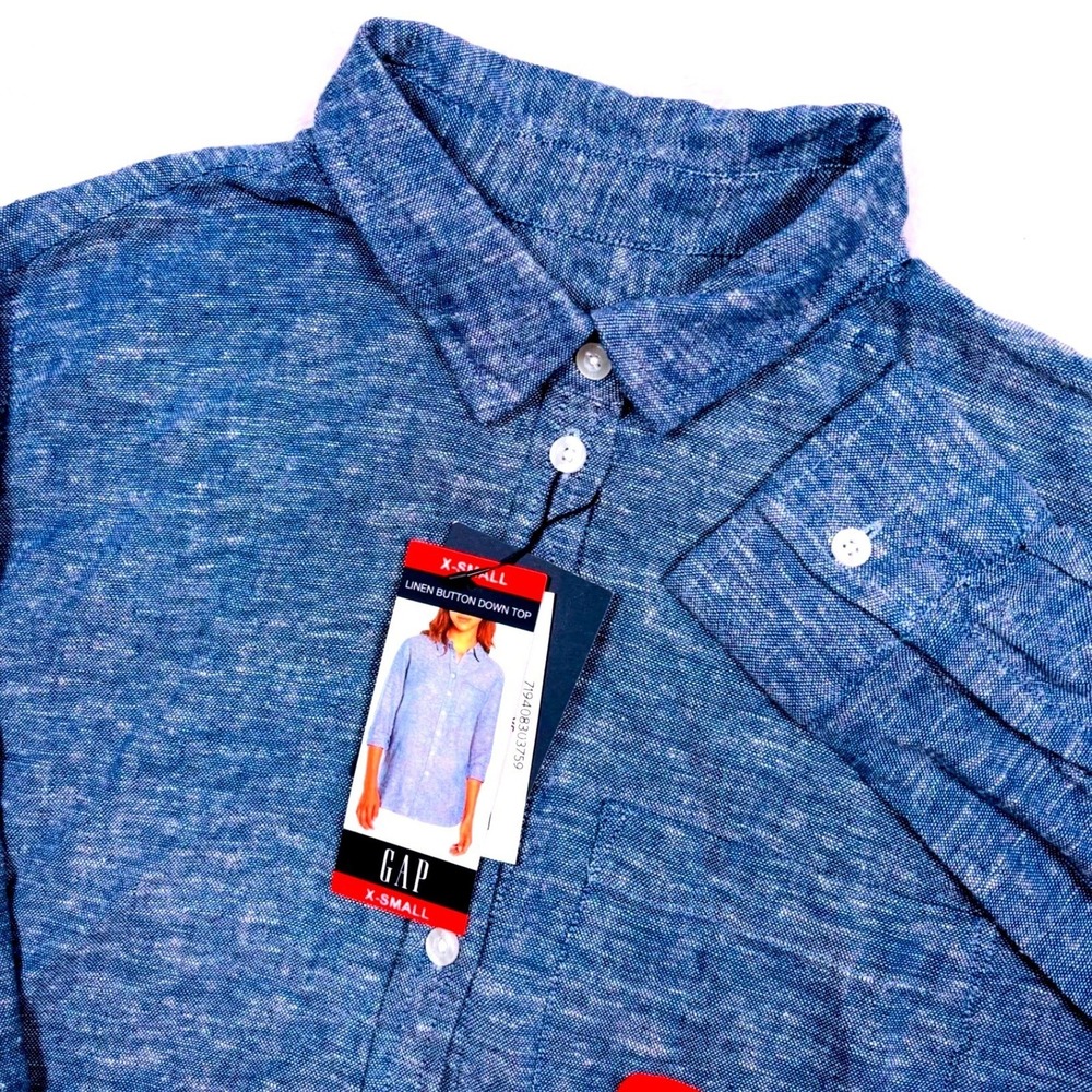 Gap LINEN Button Shirt Women XS Blue Chambray Lightweight Long‎ Sleeve NWT